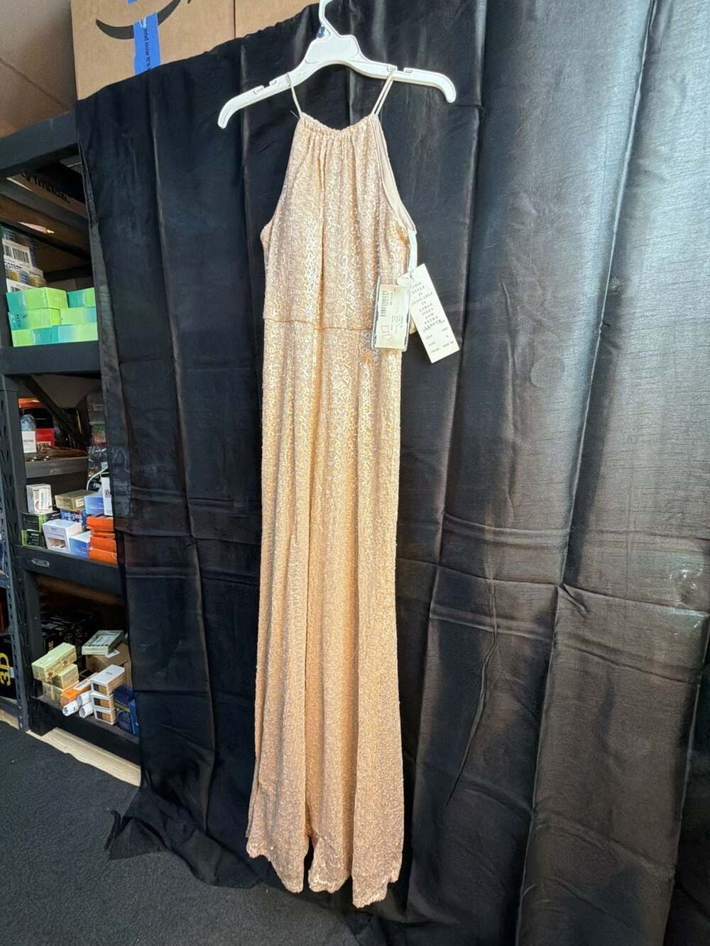Bill Levkoff Halter Sequin Net Maxi Dress in Rose